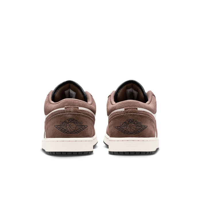 Men’s low-top sneakers heel view, brown suede with black tongue and logo, white midsoles