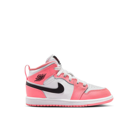 Kids mid-top sneakers in pink, white, and black with lace-up closure and swoosh logo