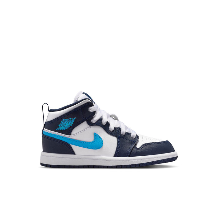 Kids mid-top sneakers in navy, white, and light blue with Nike swoosh and laces
