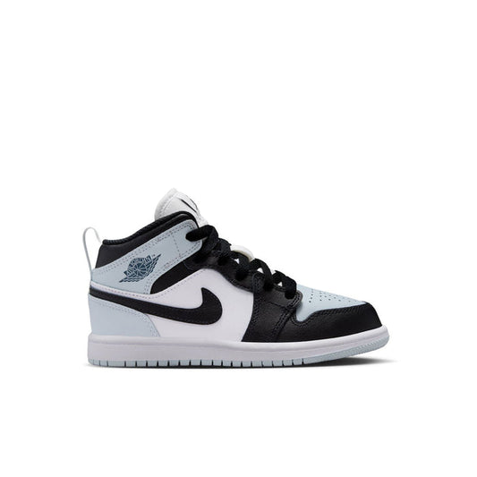 Kids mid-top sneakers in black, white, and light blue with black laces