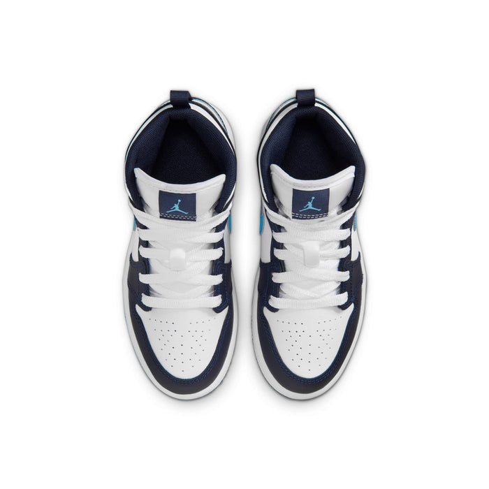 Kids mid-top sneakers, white tongues and navy interiors with lace-up front
