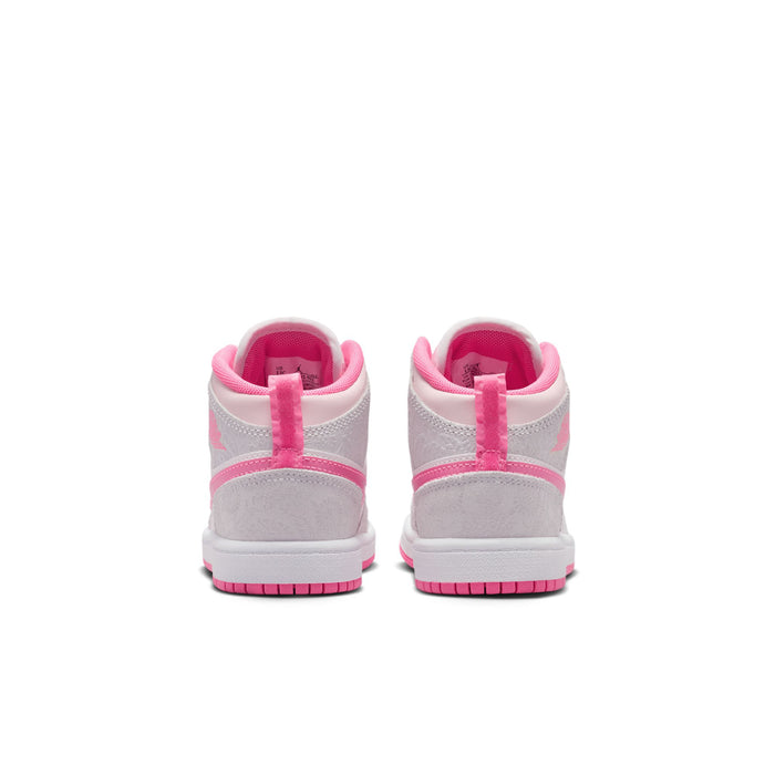 Kids mid-top sneakers, heel view with pink back pull tab and pink-striped outsole