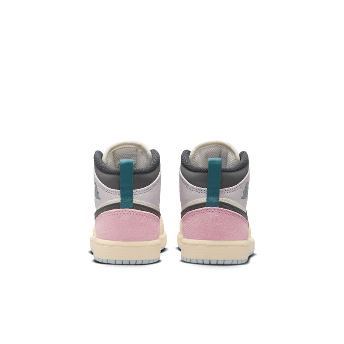 Kids Air Jordan 1 mid-top sneakers, rear view with gray collar and pink heel panel.