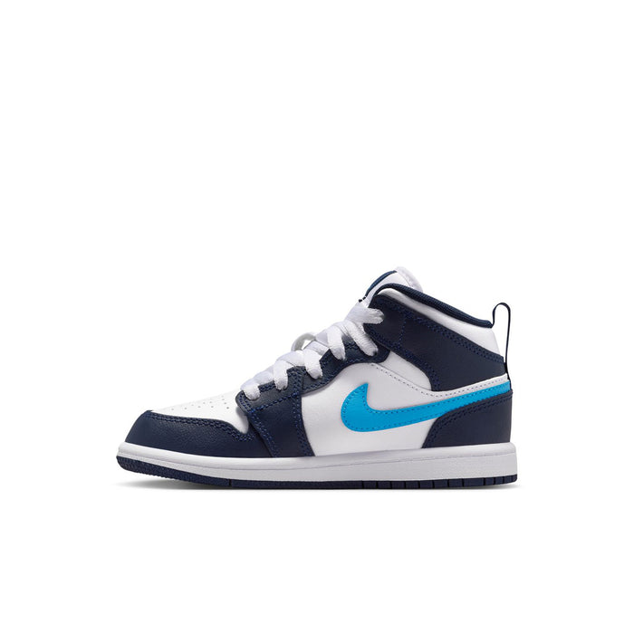 Kids mid-top sneakers side angle in navy, white, and light blue with swoosh