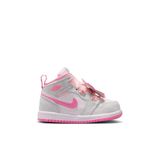 Toddler mid-top sneaker in light gray with pink Swoosh and pink laces