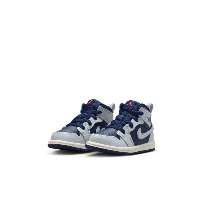 Toddler lace-up sneakers, navy and white high-top style with side swoosh detail