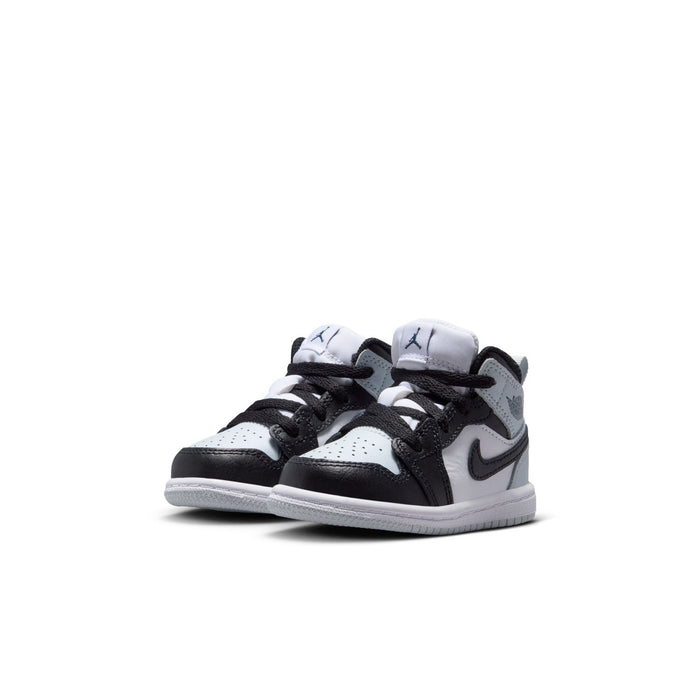 Toddler mid-top sneakers, black and white with light gray accents and lace-up closure