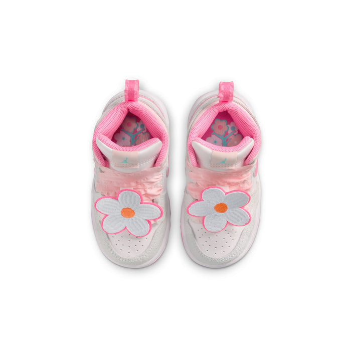 Toddler sneaker uppers with pink ribbon laces and white flower patches