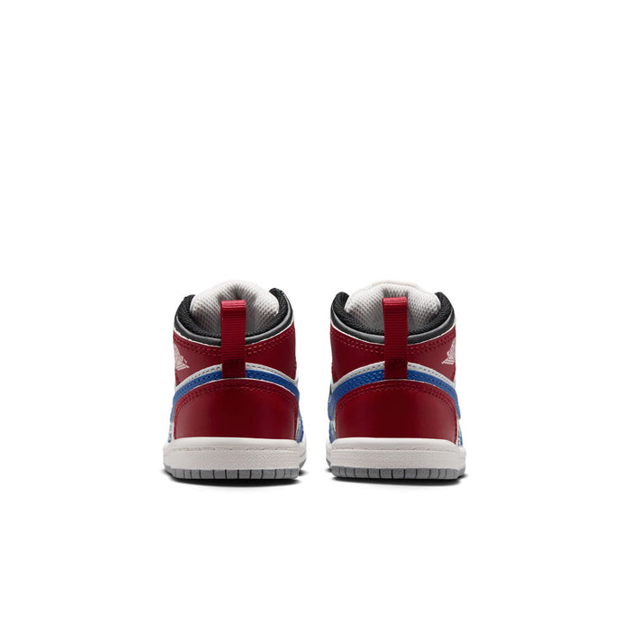 Kids' sneakers heel view in red and blue with black lining and white midsole