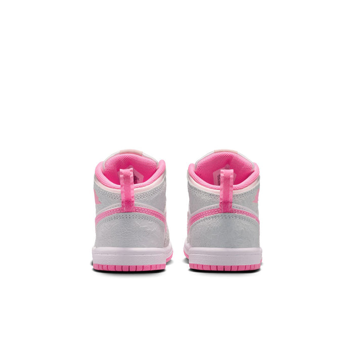 Toddler mid-top sneaker heel view in light gray with pink lining and trim