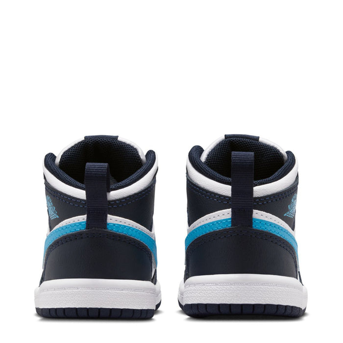 Toddler sneaker heels, navy and white leather with light blue stripe and lace loops