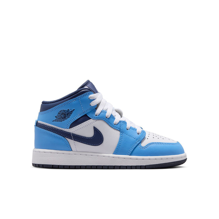 Youth mid-top sneakers in light blue, white, and dark navy with lace-up closure