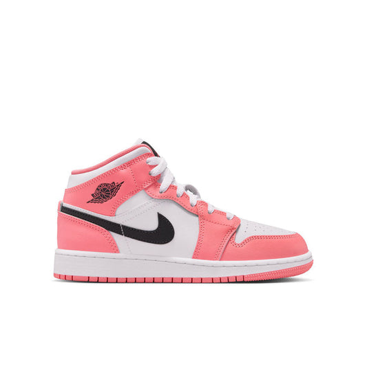 Youth AJ 1 mid-top sneakers in pink and white with black swoosh and white laces