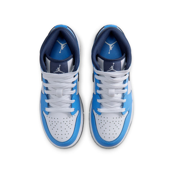 Youth mid-top sneaker tongues and laces, blue lining and white eyelets, top view