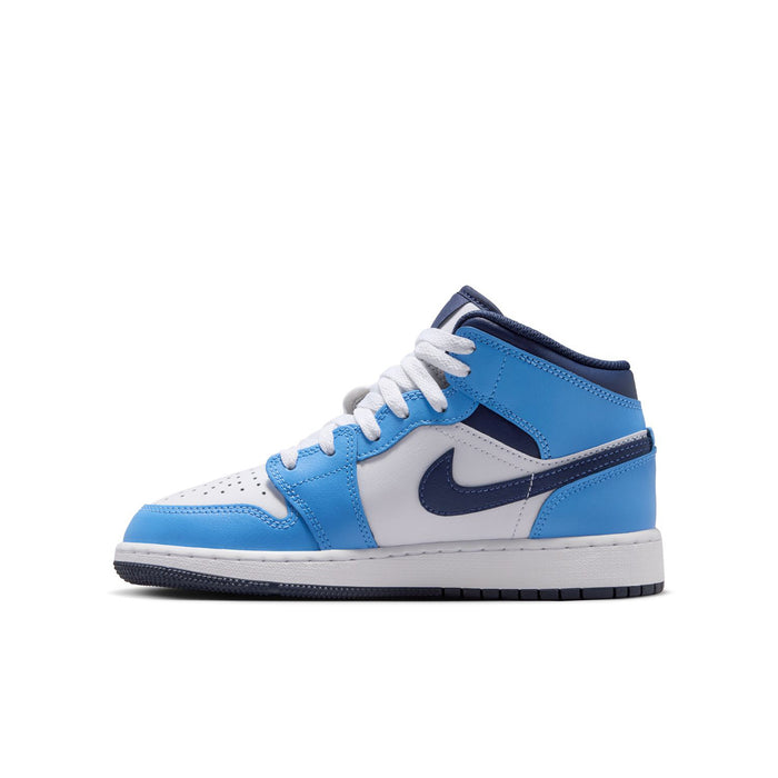 Youth mid-top sneakers side view: light blue leather, white toe, navy swoosh