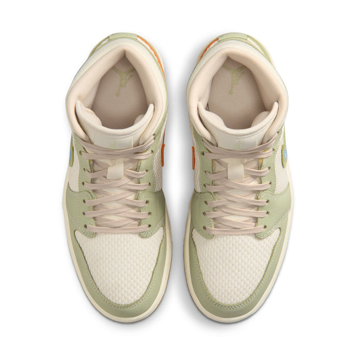 Pair of women’s mid-top sneakers showing laces, white lining, and olive overlays
