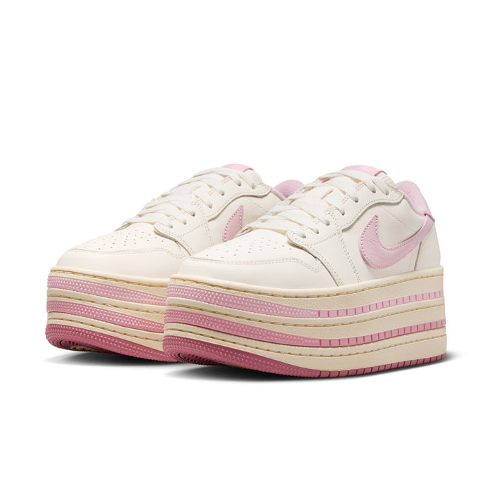Pair of pale ivory and pink low-top sneakers with layered platform sole