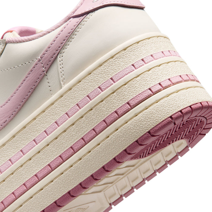 Close-up of stacked stripe platform sole on pale ivory and pink sneakers