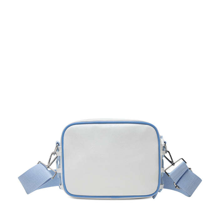Blue-edged white crossbody bag with front zip closure and two dangling side straps