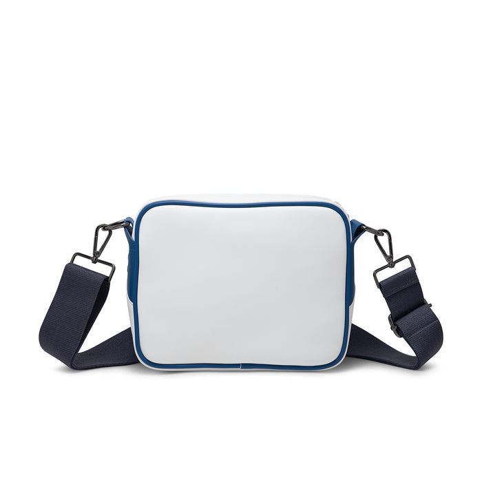 AJ3 messenger bag in white with True Blue trim and crossbody straps
