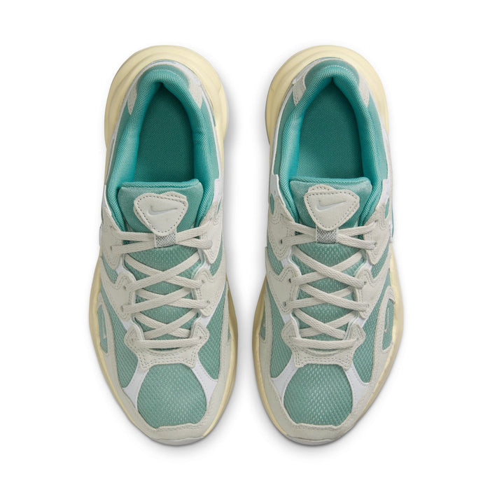 Women's sneakers, front view with teal lining and light gray lace-up upper