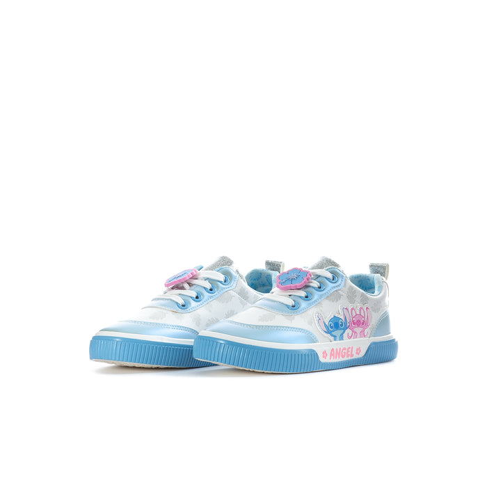Kids light blue court sneakers, side view, with cartoon character print and chunky ribbed sole