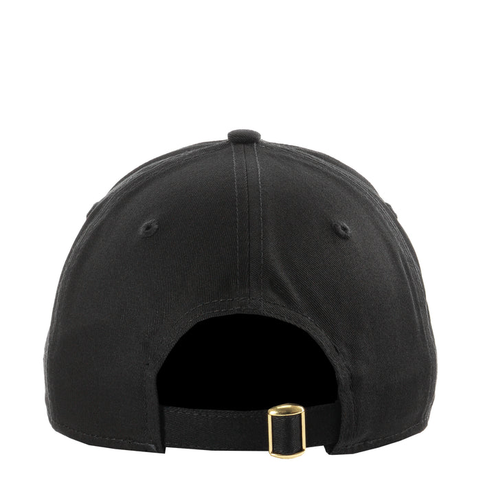 Black baseball cap with adjustable gold-tone buckle on back strap