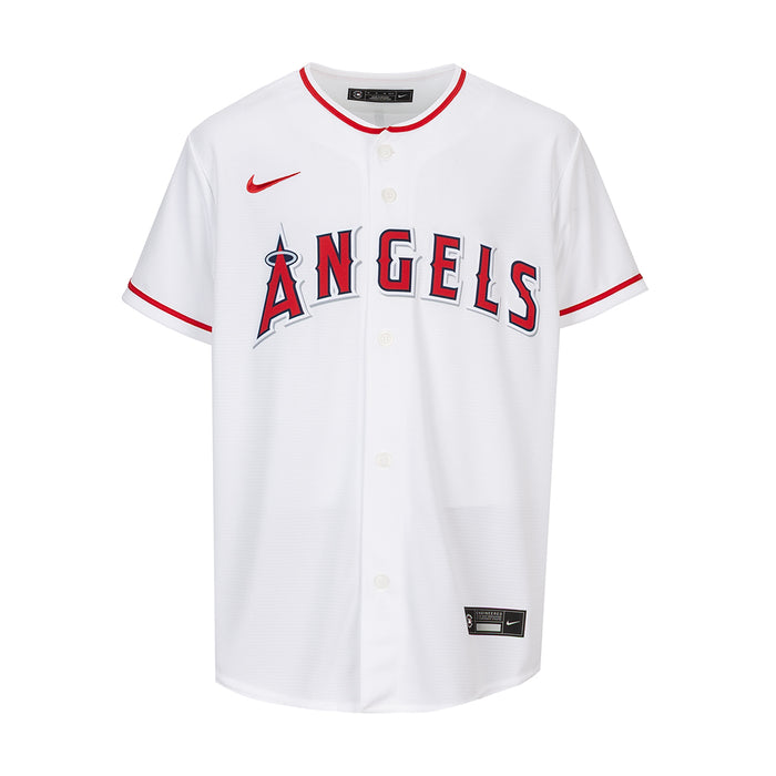 Youth white baseball jersey with Angels front logo, red trim, button placket, short sleeves