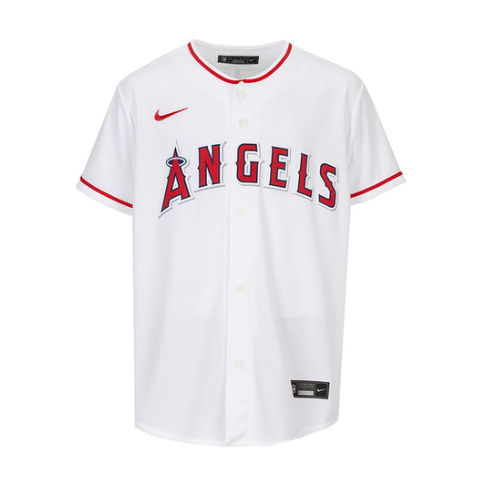 Youth white baseball jersey with Angels front logo, red trim, button placket, short sleeves