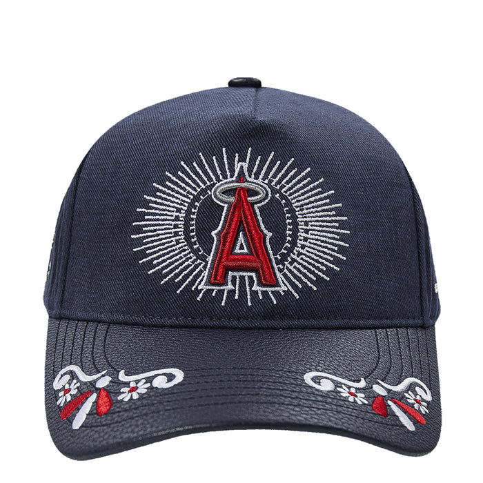 Navy strapback cap with red A skull emblem, white rays, and embroidered side flowers
