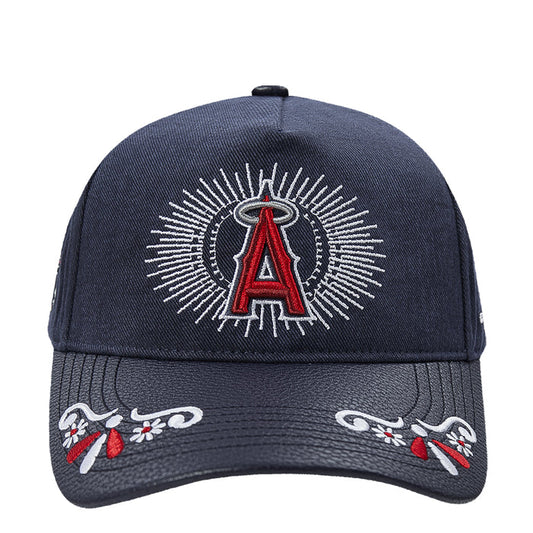 Navy strapback cap with red A skull emblem, white rays, and embroidered side flowers
