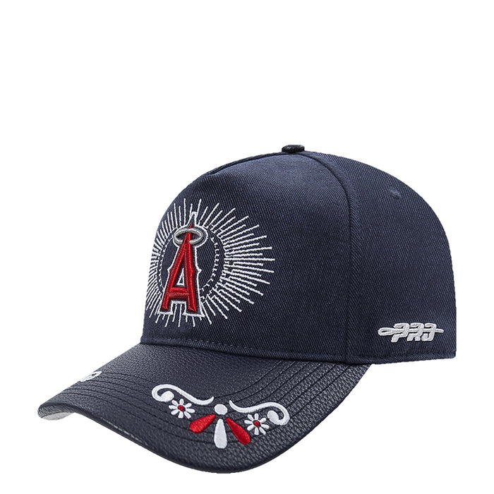 Navy strapback cap with front A emblem and floral embroidery along curved brim