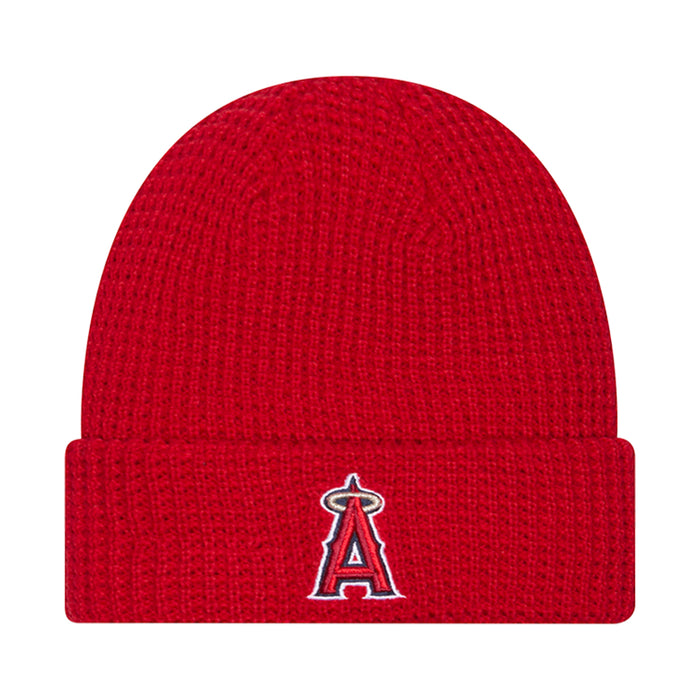 Red knit waffle beanie with A logo