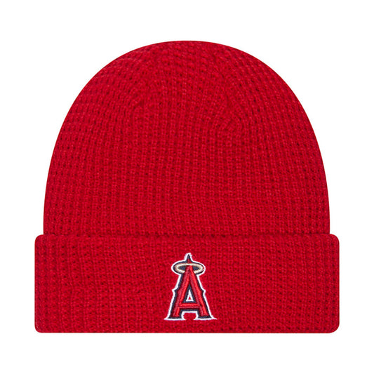 Red knit waffle beanie with A logo