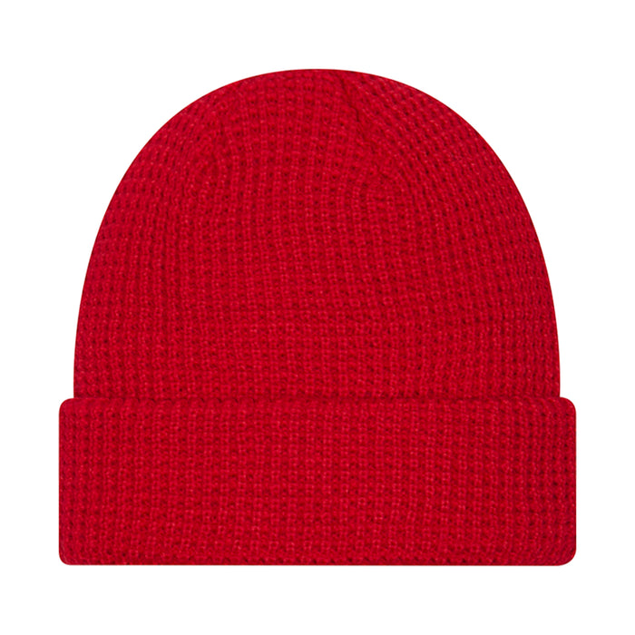 Red knit waffle beanie with ribbed cuff