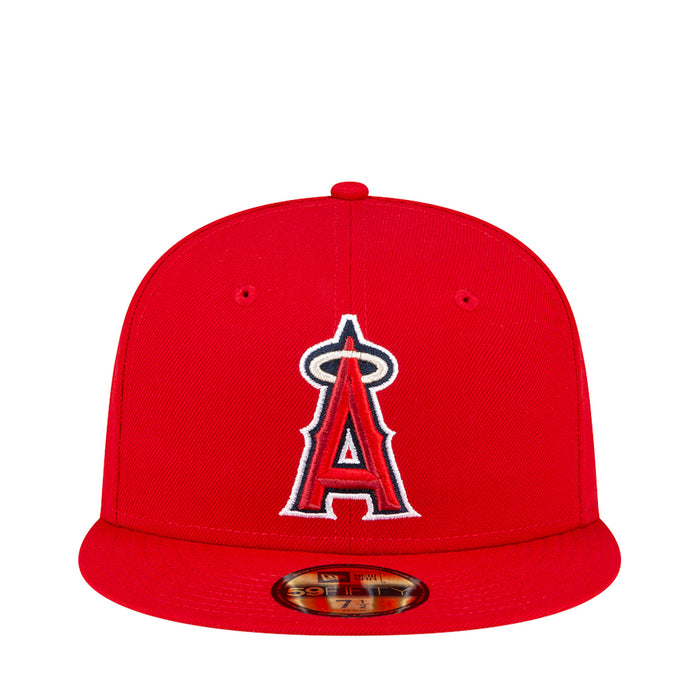 Red baseball cap with embroidered Angels “A” logo on the front