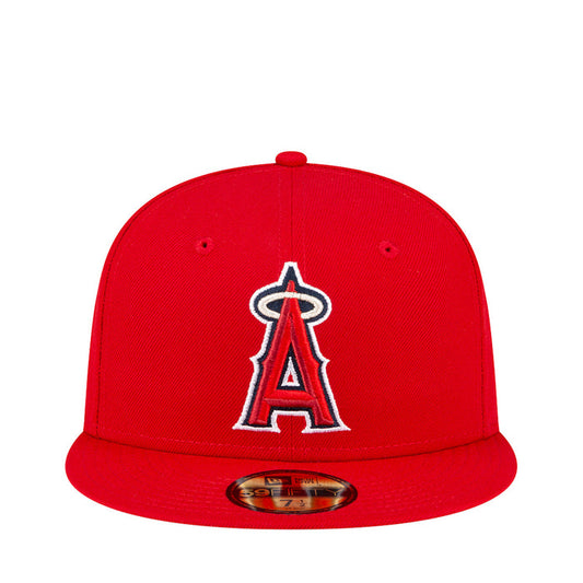 Red baseball cap with embroidered Angels “A” logo on the front