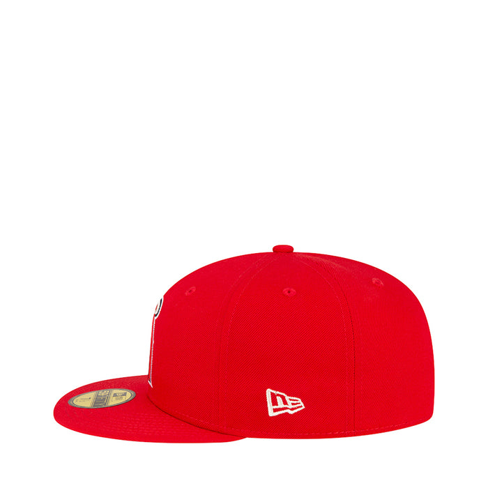 Red baseball cap with white Angels “A” emblem on the side