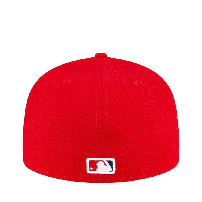 Red baseball cap with embroidered MLB logo at the back