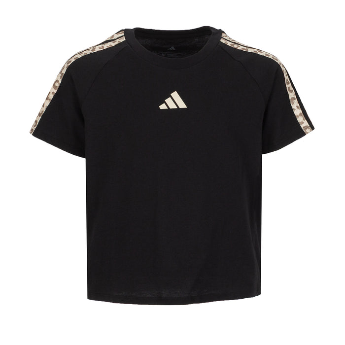 Youth black raglan T-shirt with adidas logo and 3-stripe patterned sleeves