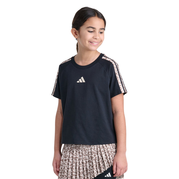 Youth black raglan T-shirt with adidas logo and patterned 3-stripe raglan sleeves
