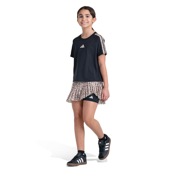 Youth black raglan T-shirt with adidas logo and patterned 3-stripe sleeve panels