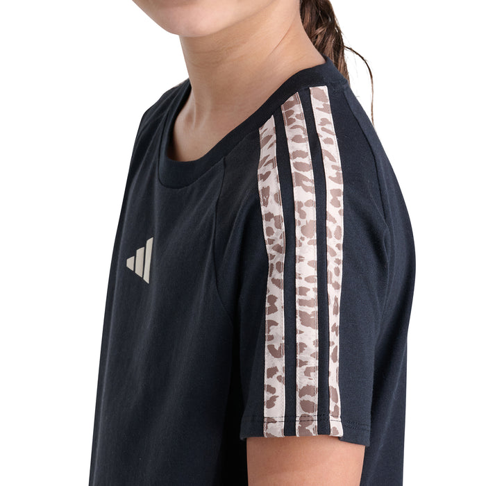 Youth black raglan T-shirt with adidas logo and patterned 3-stripe sleeve detail