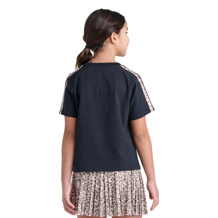 Youth black raglan T-shirt back view with patterned 3-stripe sleeve panels