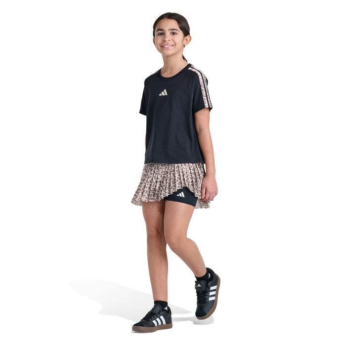 Youth skort with black top band and leopard-print pleated mesh skirt