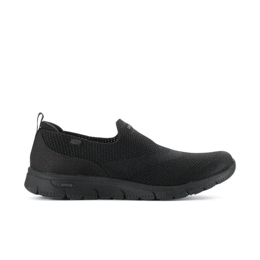 Women's black mesh slip-on sneakers with padded collar and rubber outsole