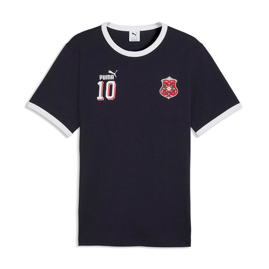 Men's dark navy ringer T-shirt with Puma logo, number 10, and red crest