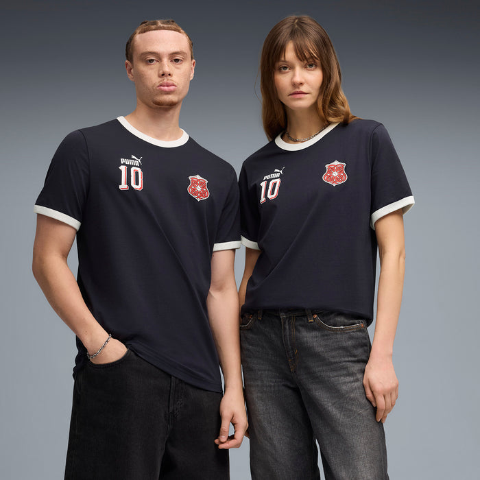 Men's dark navy ringer T-shirt with Puma 10 graphic and red crest