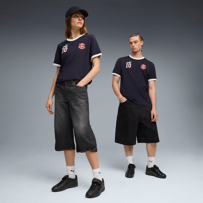 Men's dark navy ringer T-shirt with Puma 10 and red crest, full-body view