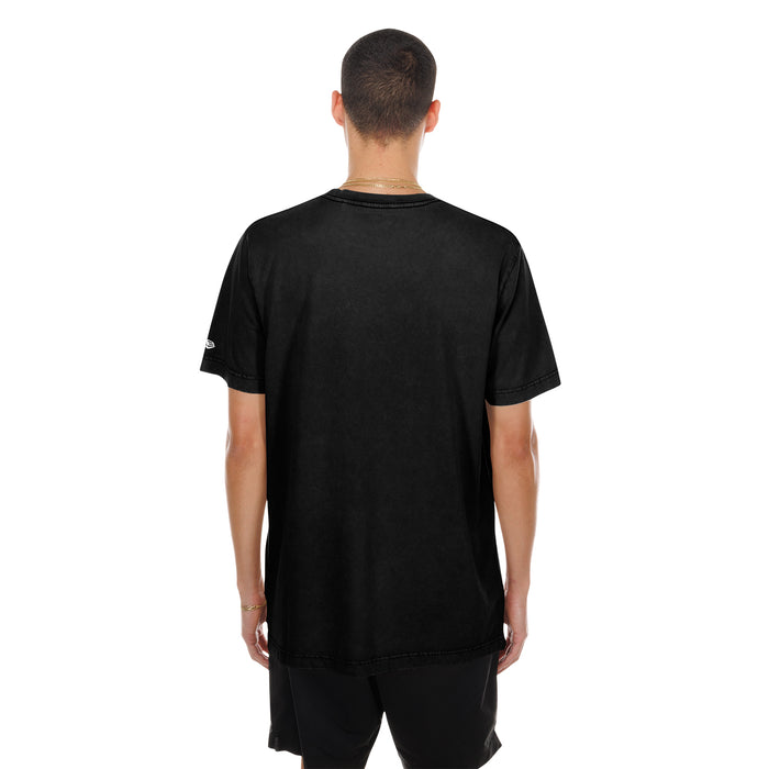 Men's black gothic graphic tee back view, plain with small sleeve logo
